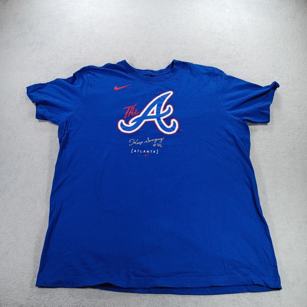 Nike Mens Atlanta Braves Hank Aaron 44 T-Shirt Blue Large Graphic Tee